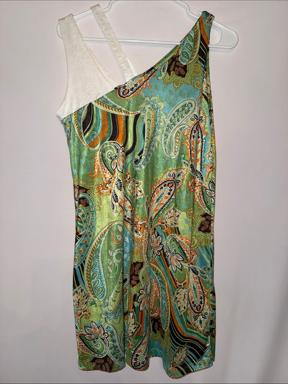 Isle Of Palm One-Shoulder Green Paisley Slip Dress With Ivory Strap